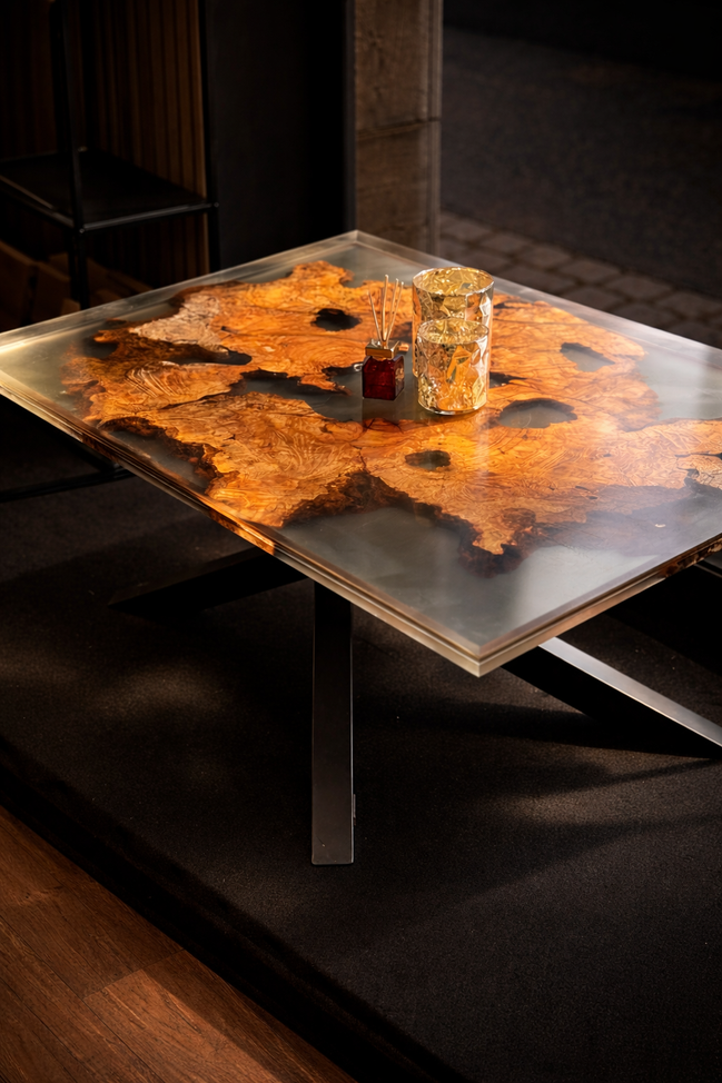 Couchtisch aus Olivenholz und Epoxidharz