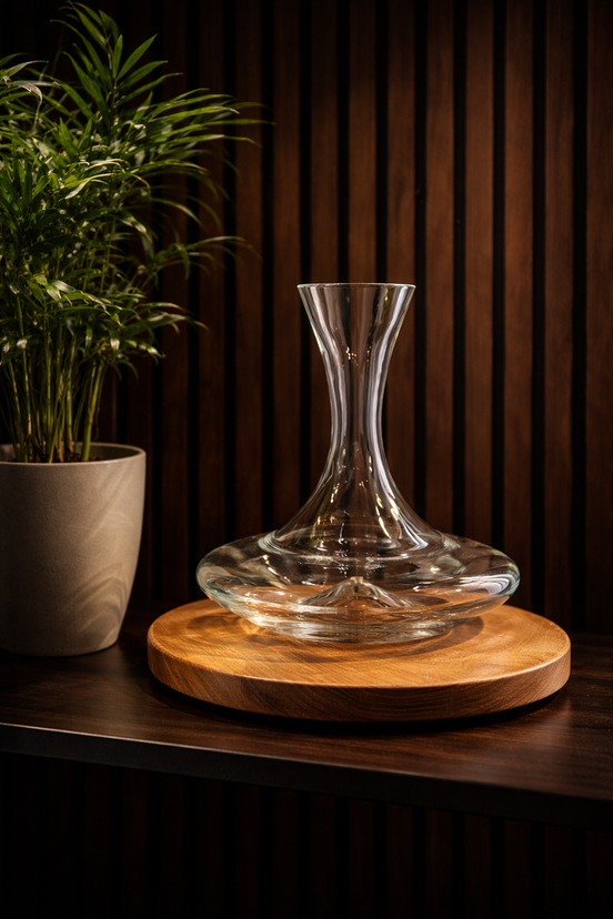 Elegantes Karaffen-Set mit gedrechseltem Ulmenholz-Untersetzer & WMF Glaskaraffe