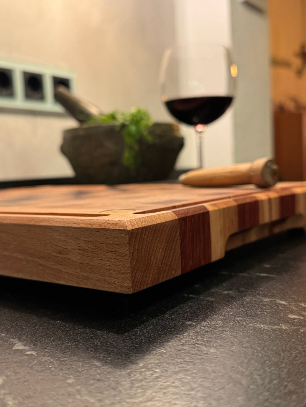 Hirnholz Schneidebrett Zebrano, Amaranth, Pearlholz und Buche