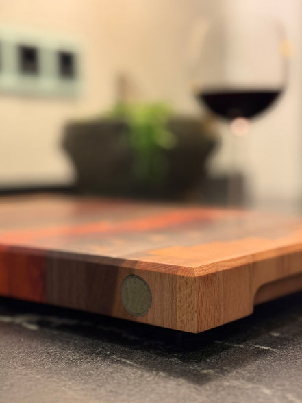 Hirnholzschneidebrett - Padouk, Buche und Schwarznuss