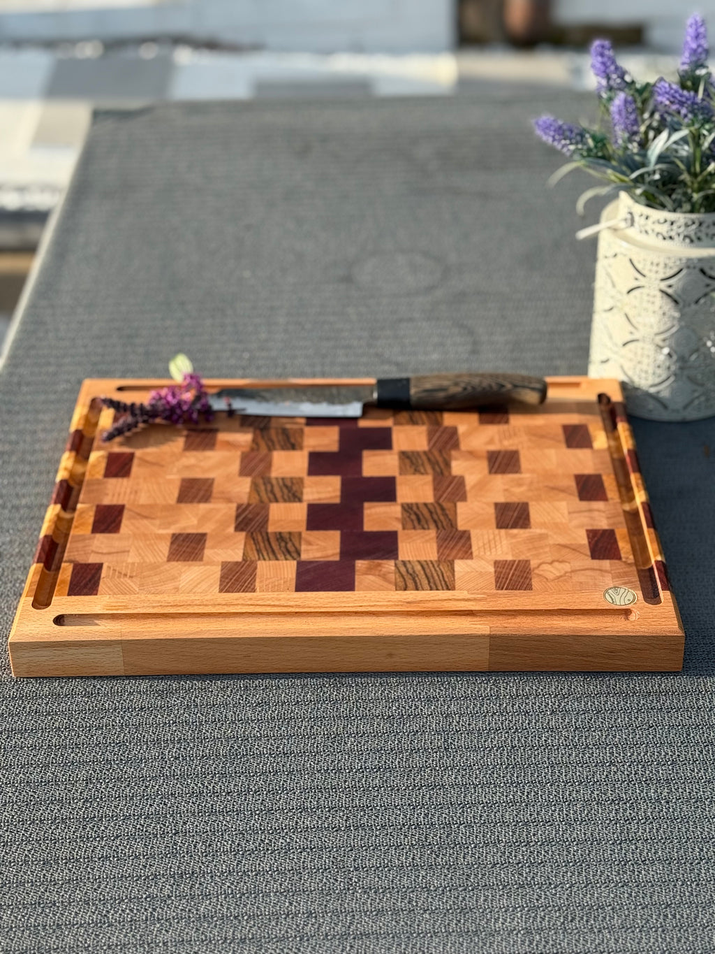 Hirnholz Schneidebrett Zebrano, Amaranth, Pearlholz und Buche