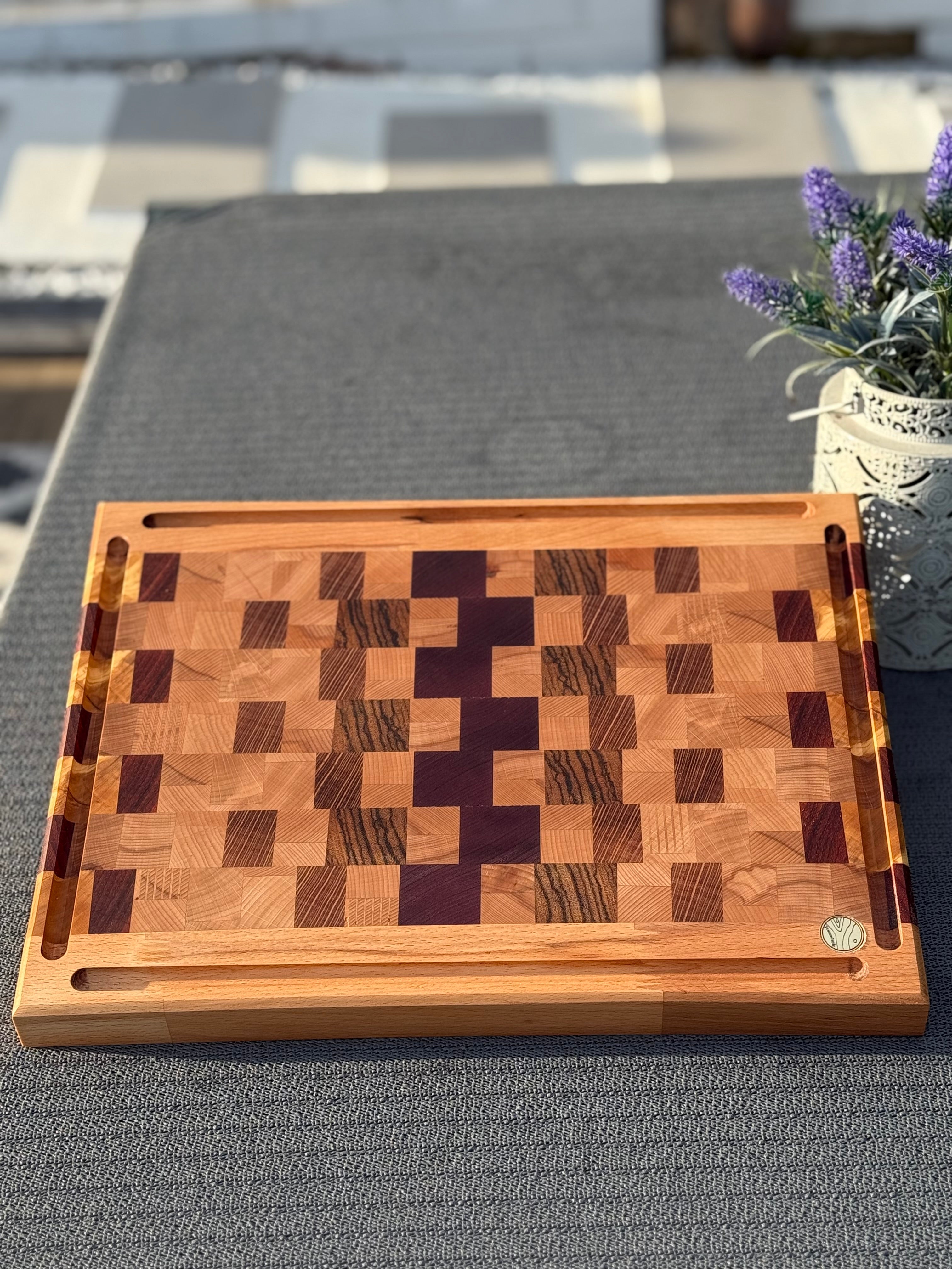 Hirnholz Schneidebrett Zebrano, Amaranth, Pearlholz und Buche