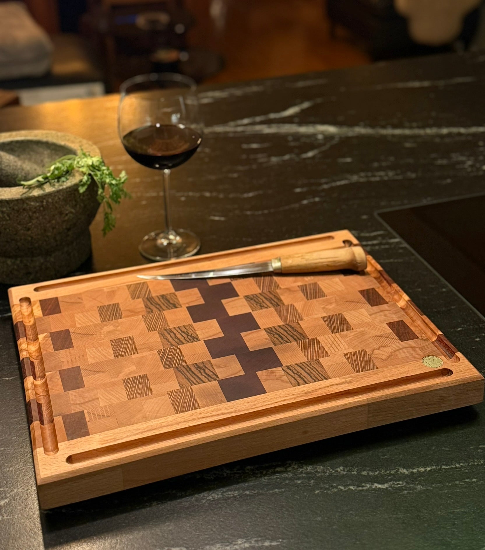 Hirnholz Schneidebrett Zebrano, Amaranth, Pearlholz und Buche