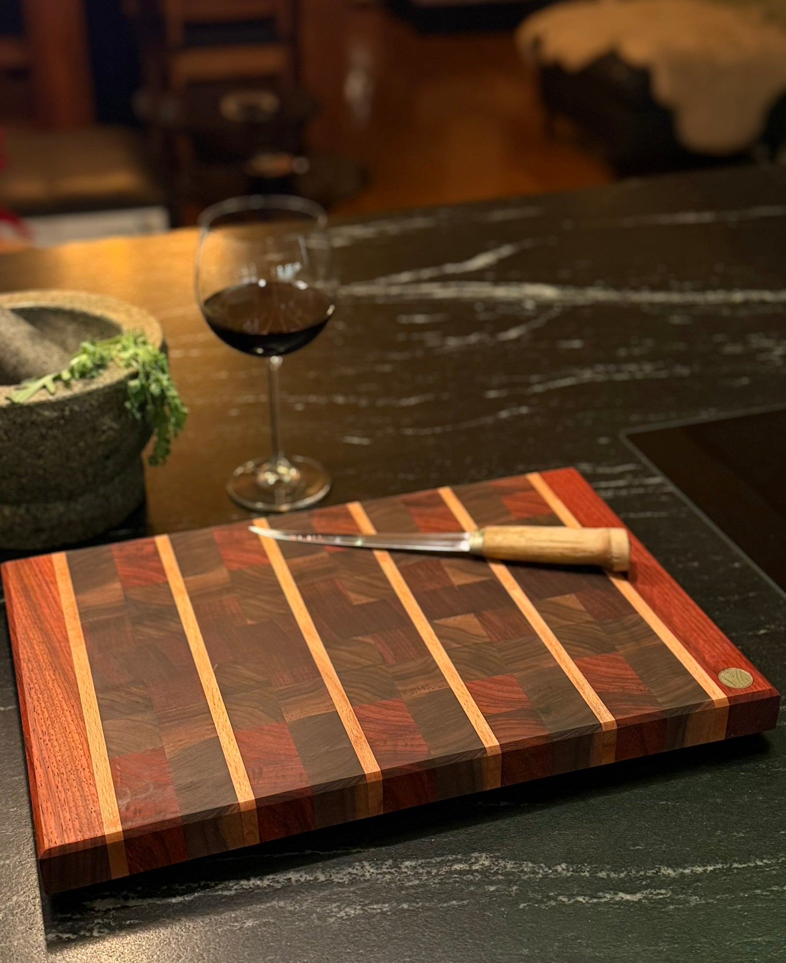 Hirnholz Schneidebrett Buche, Padouk & Schwarznuss