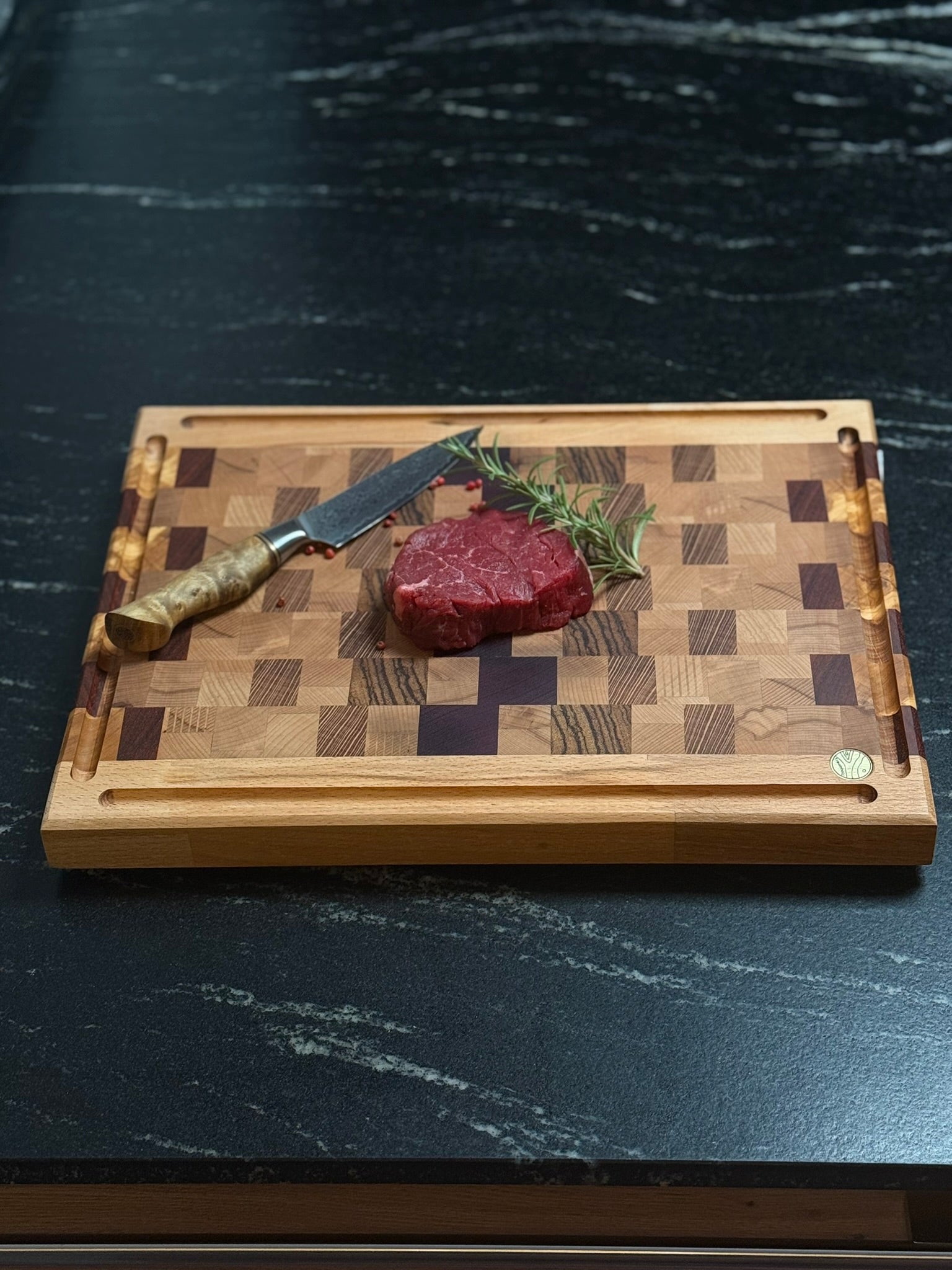 Hirnholz Schneidebrett Zebrano, Amaranth, Pearlholz und Buche