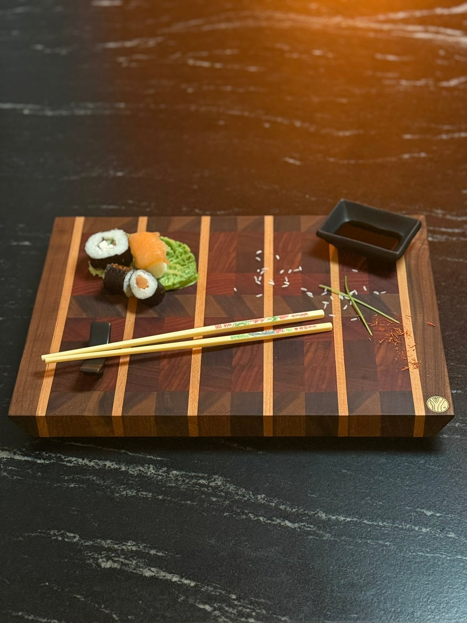 Hirnholz Schneidebrett Buche, Padouk & Schwarznuss